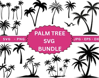 Könnte beinhalten: Eine Sammlung schwarzer Palmensilhouetten in verschiedenen Stilen. Das Bild enthält den Text "PALM TREE SVG BUNDLE" in einer rosa Sternform, mit Dateitypen wie SVG, PNG, JPG, EPS und DXF.