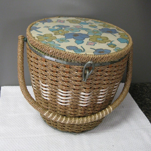 Vtg 1960's"Dritz" Sewing Basket.Style #7063 Made In Japan.Measures About 9"Tall And 9"Diameter At Top.Clear Plastic Tray.Stains Shown Inside