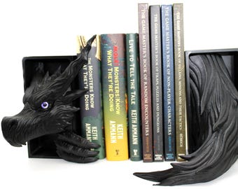 Shadow Dragon Book Nook, 3D printed fantasy shelf insert, glass eyes, handmade in Germany.