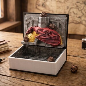 May include: A rectangular box designed like a book with a white exterior and a gray interior. The lid features a sculpted red dragon resting on a gold mound within a stone-like archway. Several multi-sided dice are placed inside and around the box.
