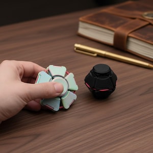 Könnte beinhalten: Zwei Fidget Spinner auf einer Holzoberfläche. Einer ist mehrfarbig mit pastellgrünen, blauen und rosa Akzenten. Der andere ist schwarz mit roten Akzenten. Ein ledergebundenes Notizbuch und ein goldener Stift befinden sich im Hintergrund.