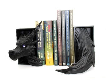 Shadow Dragon Book Nook, Emerging Bookshelf Insert with Glass Eyes, 3D Printed PLA, Black