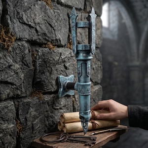 May include: A wall-mounted, weathered blue-grey metal torch holder featuring a pointed, skull-like base. The fixture is attached to a stone wall above a wooden shelf holding rolled parchment scrolls and a set of dark metal keys with a quill pen.