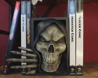 Grim Reaper Bookend, Gothic Skull Shelf Decor, Hand Painted, 3D Printed PLA, Black Gray