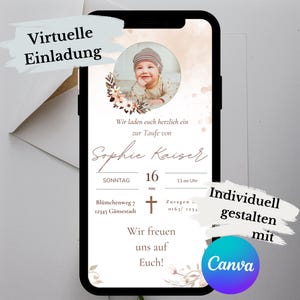 Baptême. Invitation virtuelle. Moderne. Téléchargement numérique. Croix. Fleurs. Famille. Personnalisez-le vous-même. Carte électronique. Envoyer via Whatsapp
