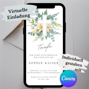 Baptême. Invitation virtuelle. Moderne. Téléchargement numérique. Croix. Eucalyptus. Famille. Ajustez-le vous-même. Carte électronique. Envoyer via Whatsapp