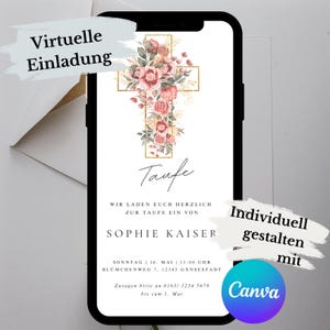 Baptême. Invitation virtuelle. Moderne. Téléchargement numérique. Croix. Floral. Famille. Personnalisez-le vous-même. Carte électronique. Envoyer via Whatsapp