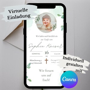 Baptême. Invitation virtuelle. Moderne. Téléchargement numérique. Image. feuilles. Famille. Personnalisez-le vous-même. Carte électronique. Envoyer via Whatsapp