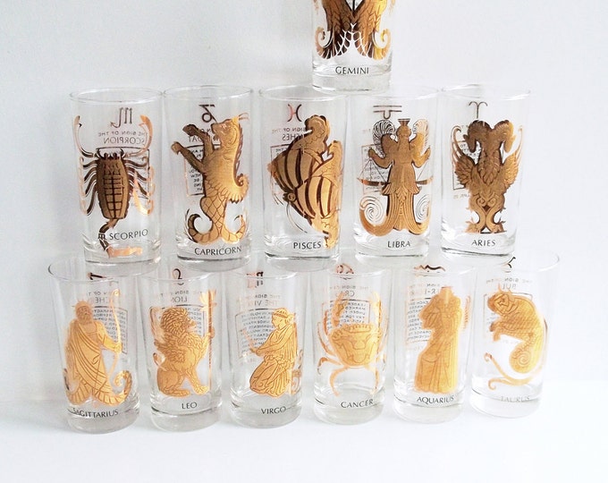 Vintage Zodiac Glassware / Libbey Libby Collectible Drink Glasses / Metallic Gold Astrological