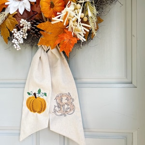 Embroidered Fall Wreath Sash - Personalized Monogram, Linen | Custom Housewarming, Hostess, Fall, Halloween, Gifts For Her
