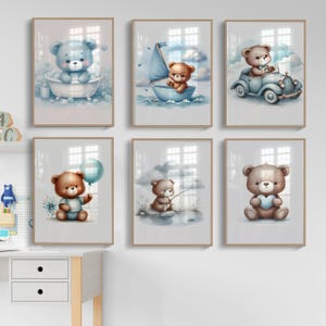 Lot de 6 cliparts bleu ours en peluche, téléchargement numérique, ours en peluche montgolfière, ours bohèmes mignons, clipart aquarelle baby shower
