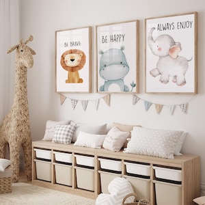 Set von 3 Safari Nursey Tierdrucken, Safari-Kinderzimmer-Dekor, Baby Tierdruck, Spielzimmer druckbare Kinderwandkunst, Elefant, Löwe, Giraffe