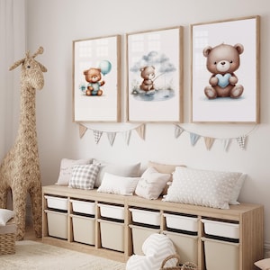 Lot de 3 cliparts bleu ours en peluche, téléchargement numérique, ours en peluche montgolfière, ours Boho mignons, clipart aquarelle baby shower