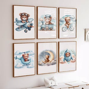 Lot de 6 cliparts bleu ours en peluche, téléchargement numérique, ours en peluche montgolfière, ours bohèmes mignons, clipart aquarelle baby shower
