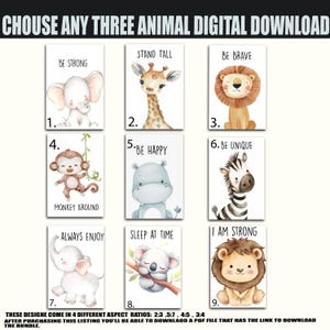 Elija 3 impresiones de animales de safari para guardería, decoración de guardería de safari, impresión de animales para bebés, arte de pared imprimible para sala de juegos para niños, elefante, león, jirafa