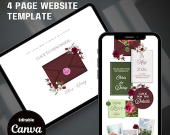 Burgundy Save the Date Website with RSVP/Details: Canva Digital Invitation Template (Digital Download)
