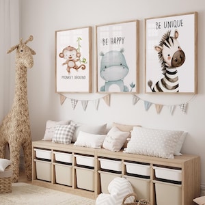 Set von 3 Safari Nursey Tierdrucken, Safari-Kinderzimmer-Dekor, Baby Tierdruck, Spielzimmer druckbare Kinderwandkunst, Elefant, Löwe, Giraffe