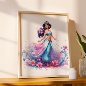 Digital Princess Inspired Wall Art on Colorful Background, Girls Bedroom Decor, Playroom Decor, Princesses Themed Nursery, Instant Download
