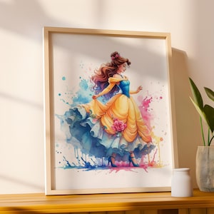 Digital Princess Inspired Wall Art on Colorful Background, Girls Bedroom Decor, Playroom Decor, Princesses Themed Nursery, Instant Download