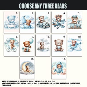 Choisissez n'importe quel 3 cliparts bleu ours en peluche, téléchargement numérique, ours en peluche montgolfière, ours bohèmes mignons, clipart aquarelle baby shower