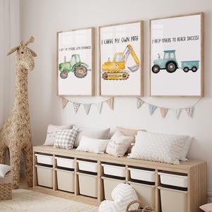 Set of 3 Construction Vehicle Nursery Art | Construction Vehicle Affirmation Wall Art,Prints for Baby&#39;s Room Transportation Truck Art Print