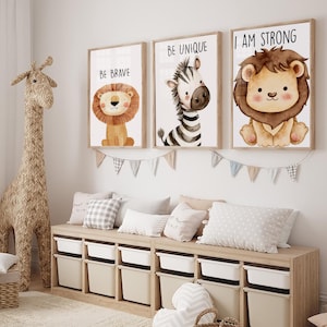 Set von 3 Safari Nursey Tierdrucken, Safari-Kinderzimmer-Dekor, Baby Tierdruck, Spielzimmer druckbare Kinderwandkunst, Elefant, Löwe, Giraffe