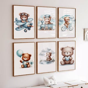 Lot de 6 cliparts bleu ours en peluche, téléchargement numérique, ours en peluche montgolfière, ours bohèmes mignons, clipart aquarelle baby shower