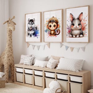 Set van 3 bos dierenprints, jongen kinderkamer afdrukbare muurkunst, bos dier kinderkamer decor, aquarel beer hert vos prints