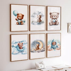 Lot de 6 cliparts bleu ours en peluche, téléchargement numérique, ours en peluche montgolfière, ours bohèmes mignons, clipart aquarelle baby shower