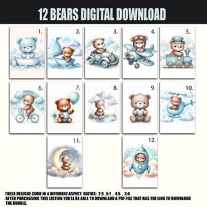 Lot de 12 cliparts bleu ours en peluche, téléchargement numérique, ours en peluche montgolfière, ours Boho mignons, clipart aquarelle baby shower