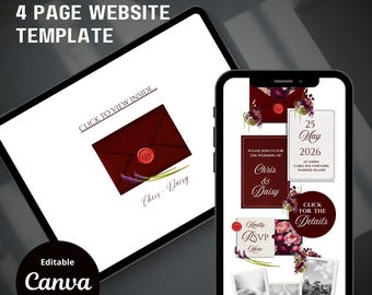Burgundy Save the Date Website with RSVP/Details: Canva Digital Invitation Template (Digital Download)
