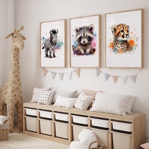 Set van 3 bos dierenprints, jongen kinderkamer afdrukbare muurkunst, bos dier kinderkamer decor, aquarel beer hert vos prints