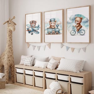 Lot de 3 cliparts bleu ours en peluche, téléchargement numérique, ours en peluche montgolfière, ours Boho mignons, clipart aquarelle baby shower