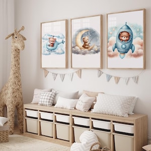 Lot de 3 cliparts bleu ours en peluche, téléchargement numérique, ours en peluche montgolfière, ours Boho mignons, clipart aquarelle baby shower