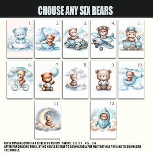 Choisissez n'importe quel 6 cliparts bleu ours en peluche, téléchargement numérique, ours en peluche montgolfière, ours Boho mignons, clipart aquarelle baby shower