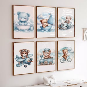 Lot de 6 cliparts bleu ours en peluche, téléchargement numérique, ours en peluche montgolfière, ours bohèmes mignons, clipart aquarelle baby shower