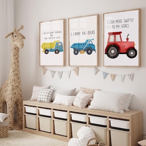Set of 3 Construction Vehicle Nursery Art | Construction Vehicle Affirmation Wall Art,Prints for Baby&#39;s Room Transportation Truck Art Print