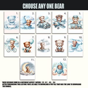 Choisissez l'un des 3 cliparts bleus ours en peluche, téléchargement numérique, ours en peluche montgolfière, ours bohèmes mignons, clipart aquarelle baby shower