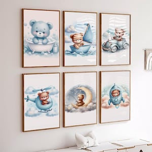 Set of 6 Blue Teddy Bear Clipart, DIGITAL DOWNLOAD, Hot Air Balloon Teddy Bear, Cute Boho Bears, Watercolor Baby Shower Clipart