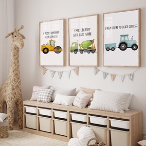 Set of 3 Construction Vehicle Nursery Art | Construction Vehicle Affirmation Wall Art,Prints for Baby&#39;s Room Transportation Truck Art Print
