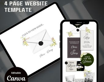 Ivory Black & Green Floral Save the Date Website: Canva Digital Invitation Template (Digital Download)