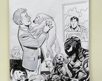 Jimmy Olsen and Carnage vs shelter puppies, drawn by Steve Lieber on a blank cover variant.