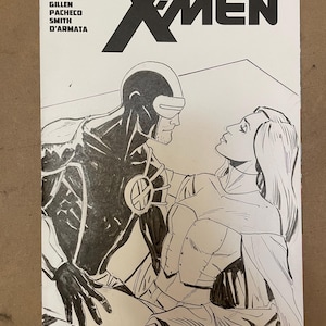 Boceto de Cíclope y la Reina Blanca de los X-Men dibujado por Steve Lieber en una portada variante en blanco.