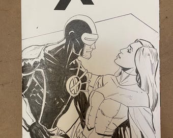 X-men Cyclops & White Queen sketch drawn by Steve Lieber on a blank cover variant.