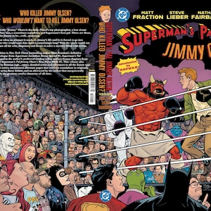 Peut inclure: Couverture de bande dessin&eacute;e pour "Superman's Pal Jimmy Olsen" avec un match de boxe entre deux personnages costum&eacute;s. La couverture comprend le titre, les noms des auteurs et le texte "Who Killed Jimmy Olsen?" et "Who Wouldn't Want to Kill Jimmy Olsen?"
