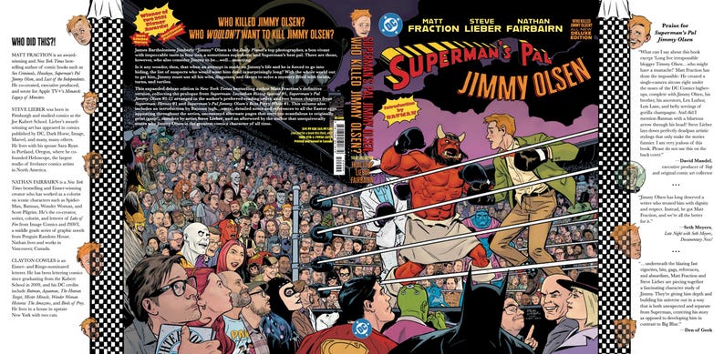 Peut inclure: Couverture de bande dessin&eacute;e pour "Superman's Pal Jimmy Olsen" avec un match de boxe entre deux personnages costum&eacute;s. La couverture comprend le titre, les noms des auteurs et le texte "Who Killed Jimmy Olsen?" et "Who Wouldn't Want to Kill Jimmy Olsen?"