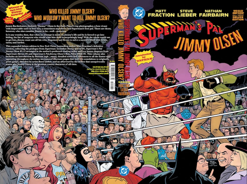Peut inclure: Couverture de bande dessin&eacute;e pour "Superman's Pal Jimmy Olsen" montrant un match de boxe entre un d&eacute;mon rouge et un homme en veste verte. Le titre est en grandes lettres jaunes. Une foule regarde le combat.
