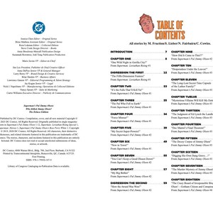 Peut inclure: Une double page de bande dessin&eacute;e avec le titre "Superman's Pal Jimmy Olsen: Who Killed Jimmy Olsen? The Deluxe Edition." La table des mati&egrave;res et les cr&eacute;dits sont visibles, avec des illustrations de personnages et une bordure &agrave; carreaux noirs et blancs.