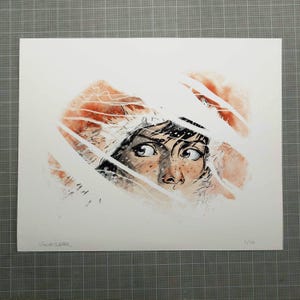 May include: A print featuring a detailed illustration of a person's face, with a focus on the eyes. The artwork uses a combination of black and reddish-brown tones, with white highlights. The print is signed "Geo clear" and numbered 1/20.