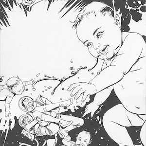 May include: Black and white illustration of a baby in space, surrounded by other figures and a swirling black substance. The baby is reaching out with one hand, and the other hand is holding a small object. The baby is wearing a diaper and has a drool mark on its chin.